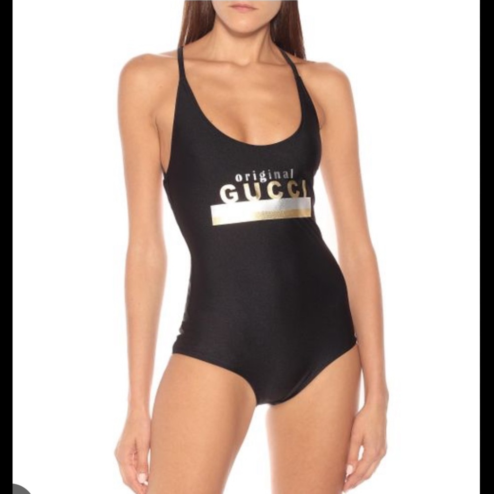Gucci “Original Gucci” One-piece Swimwear Bathing Suit Black Gold Silver Small